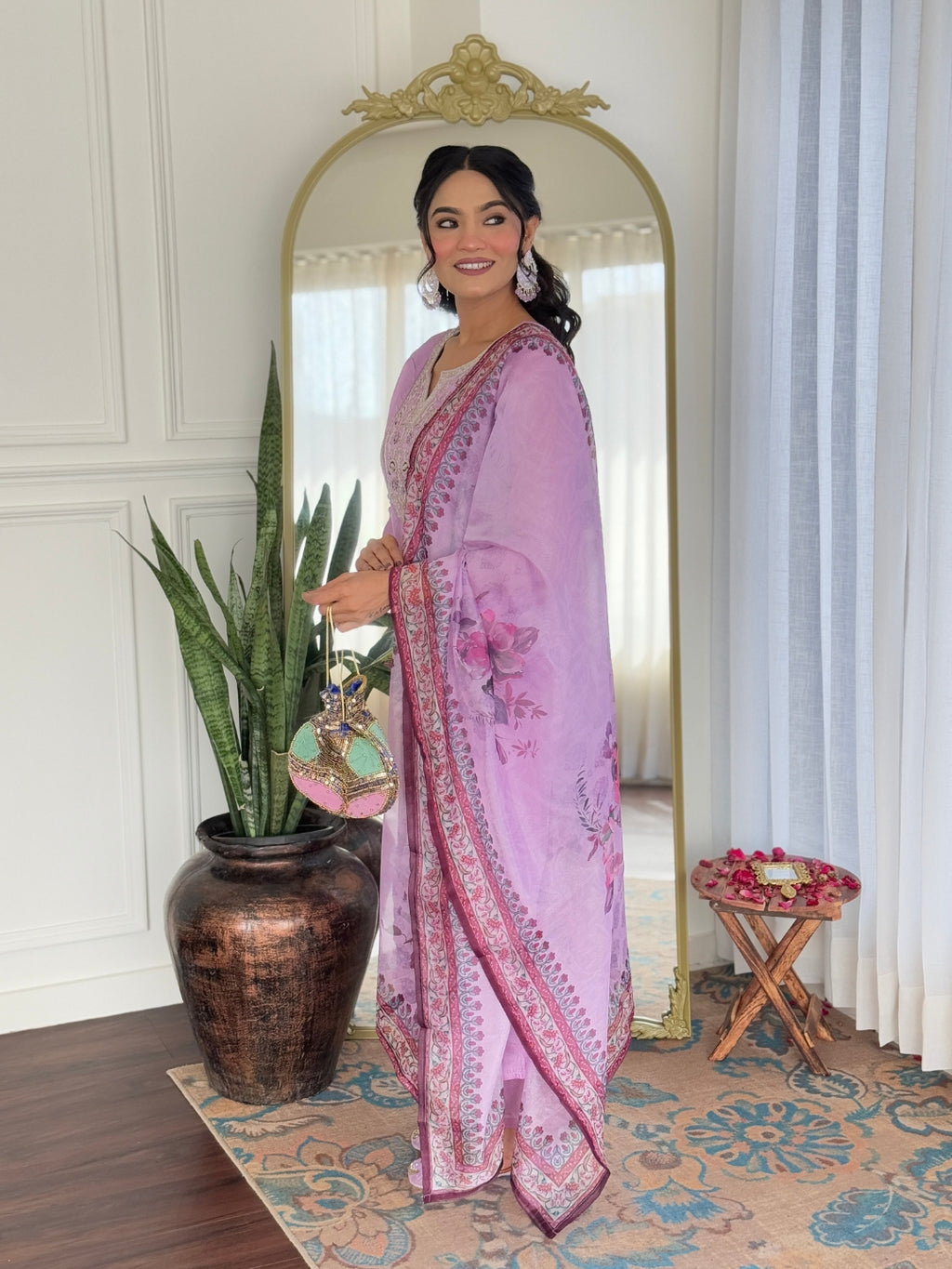 Women’s Lavender Rayon Embroidered Straight Kurta Set with Pant & Taby Printed Dupatta