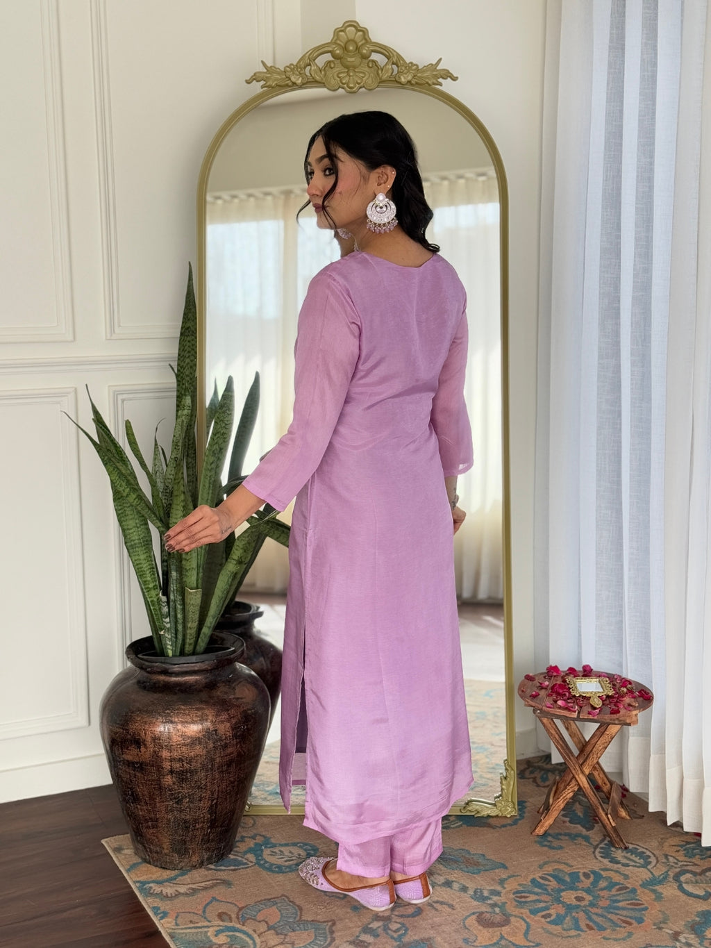 Women’s Lavender Rayon Embroidered Straight Kurta Set with Pant & Taby Printed Dupatta