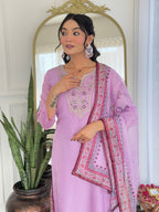 Women’s Lavender Rayon Embroidered Straight Kurta Set with Pant & Taby Printed Dupatta