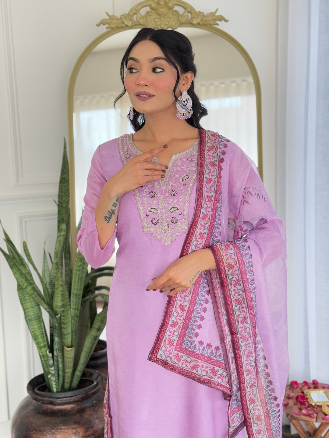 Women’s Lavender Rayon Embroidered Straight Kurta Set with Pant & Taby Printed Dupatta