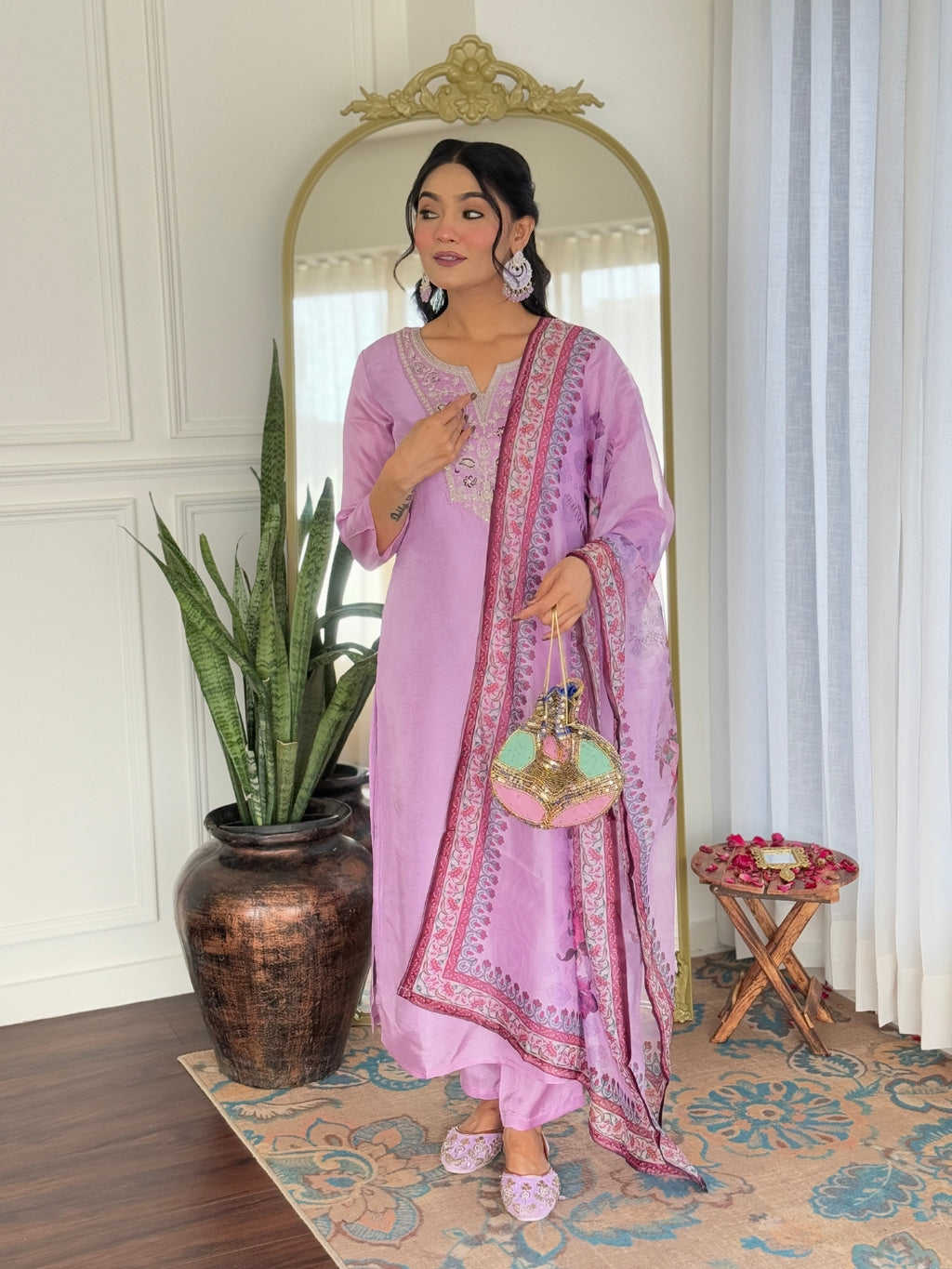 Women’s Lavender Rayon Embroidered Straight Kurta Set with Pant & Taby Printed Dupatta