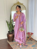 Women’s Lavender Rayon Embroidered Straight Kurta Set with Pant & Taby Printed Dupatta