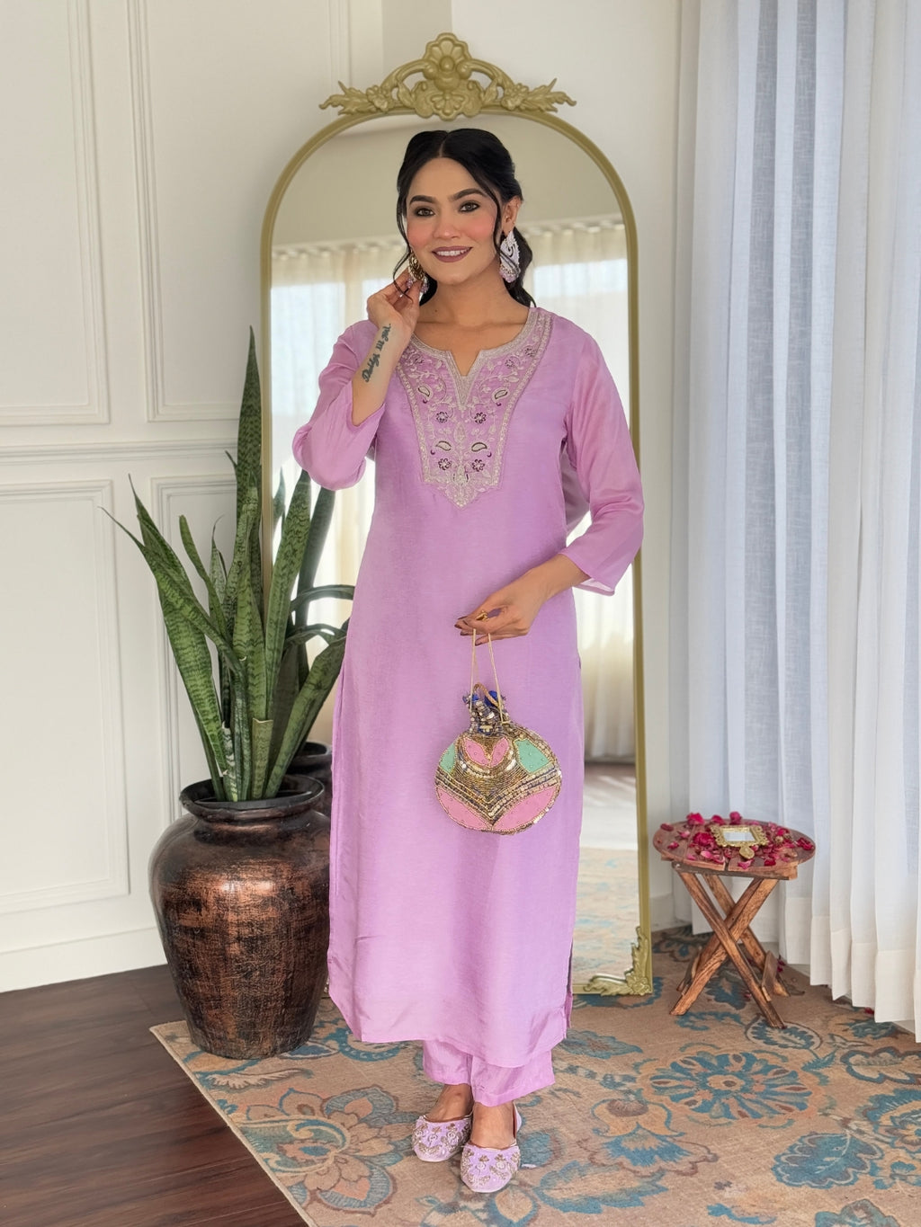 Women’s Lavender Rayon Embroidered Straight Kurta Set with Pant & Taby Printed Dupatta