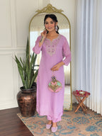 Women’s Lavender Rayon Embroidered Straight Kurta Set with Pant & Taby Printed Dupatta