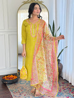 Women’s Yellow Rayon Embroidered Straight Kurta Set with Pant & Tabby Printed Dupatta