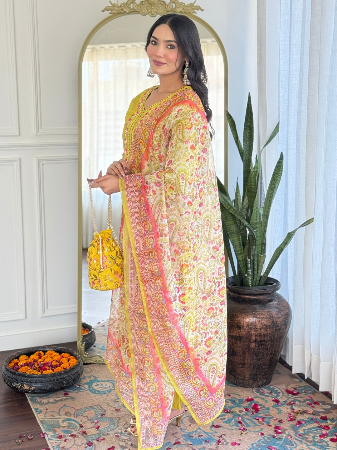 Women’s Yellow Rayon Embroidered Straight Kurta Set with Pant & Tabby Printed Dupatta
