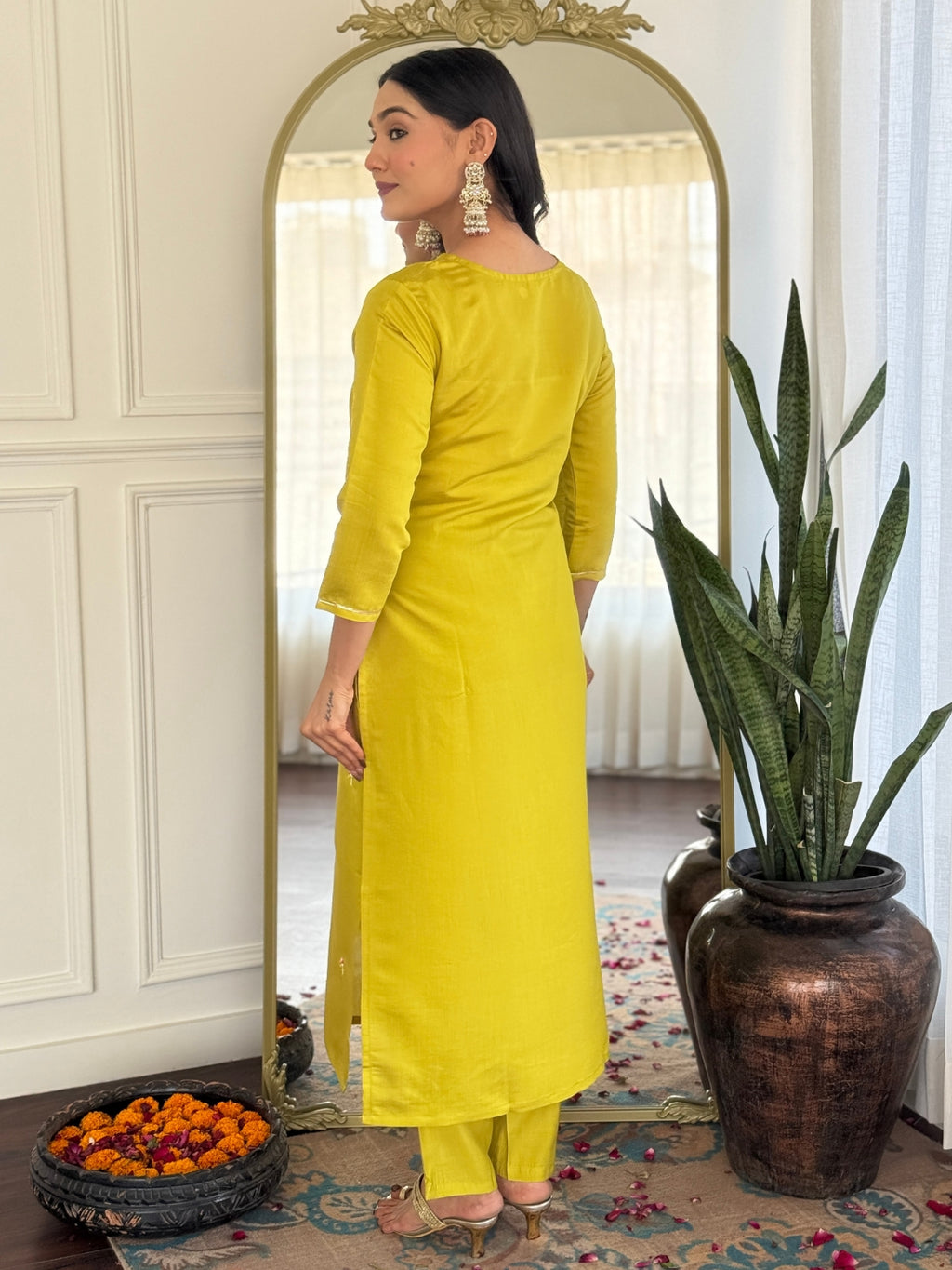 Women’s Yellow Rayon Embroidered Straight Kurta Set with Pant & Tabby Printed Dupatta