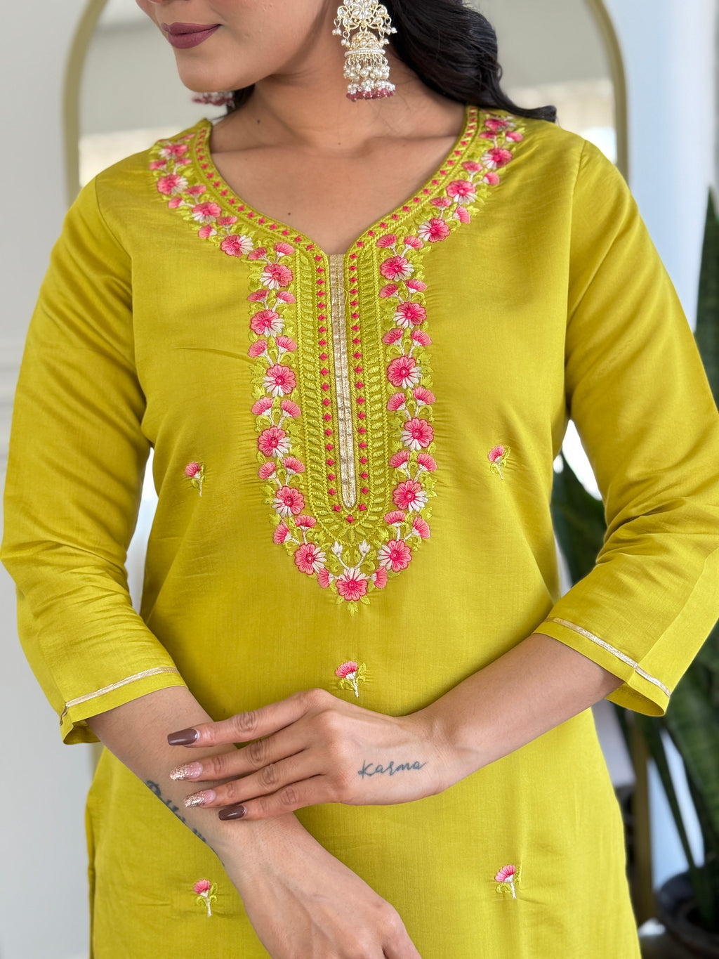 Women’s Yellow Rayon Embroidered Straight Kurta Set with Pant & Tabby Printed Dupatta