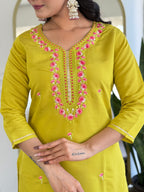 Women’s Yellow Rayon Embroidered Straight Kurta Set with Pant & Tabby Printed Dupatta