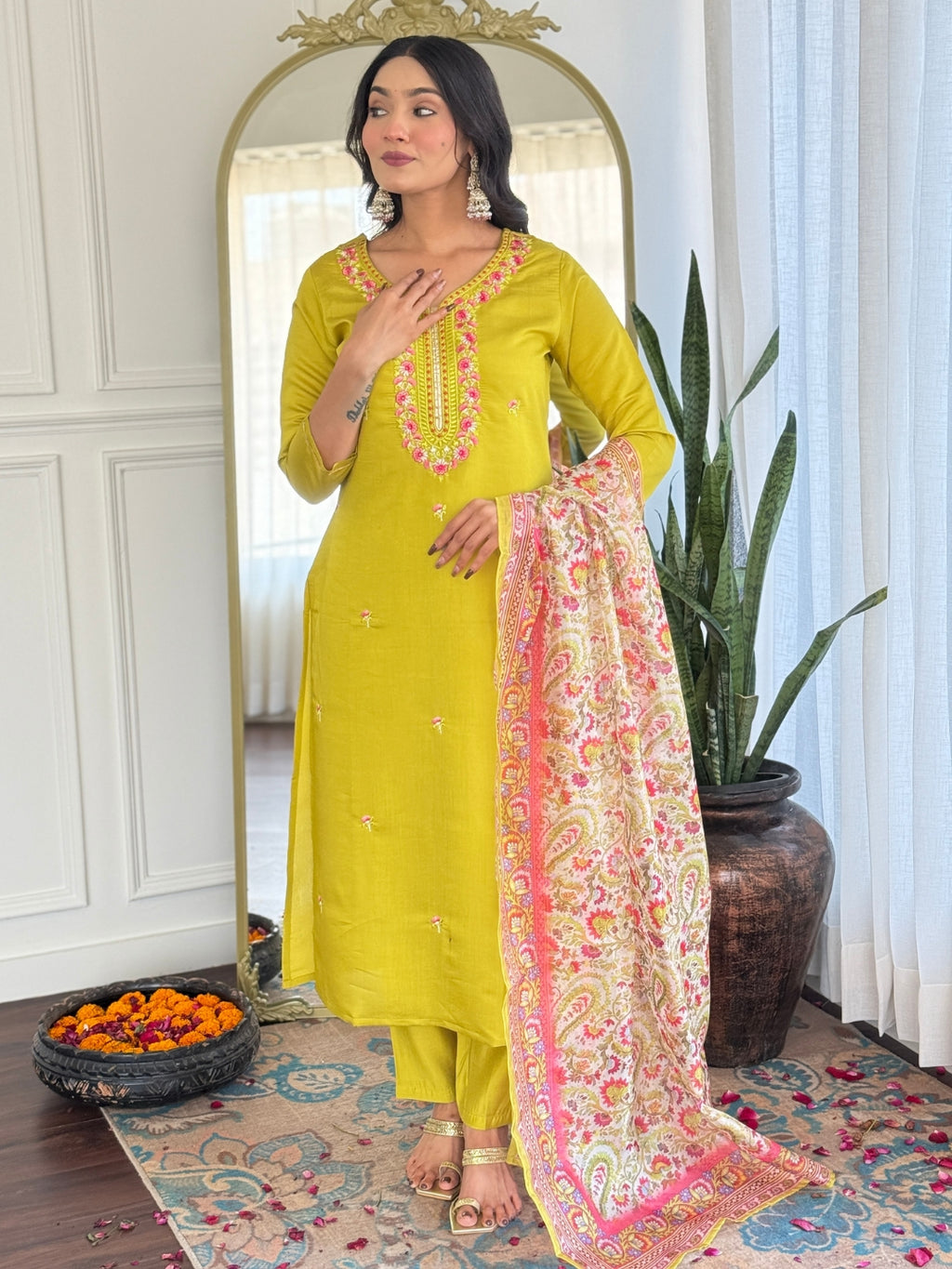 Women’s Yellow Rayon Embroidered Straight Kurta Set with Pant & Tabby Printed Dupatta