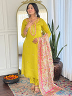 Women’s Yellow Rayon Embroidered Straight Kurta Set with Pant & Tabby Printed Dupatta