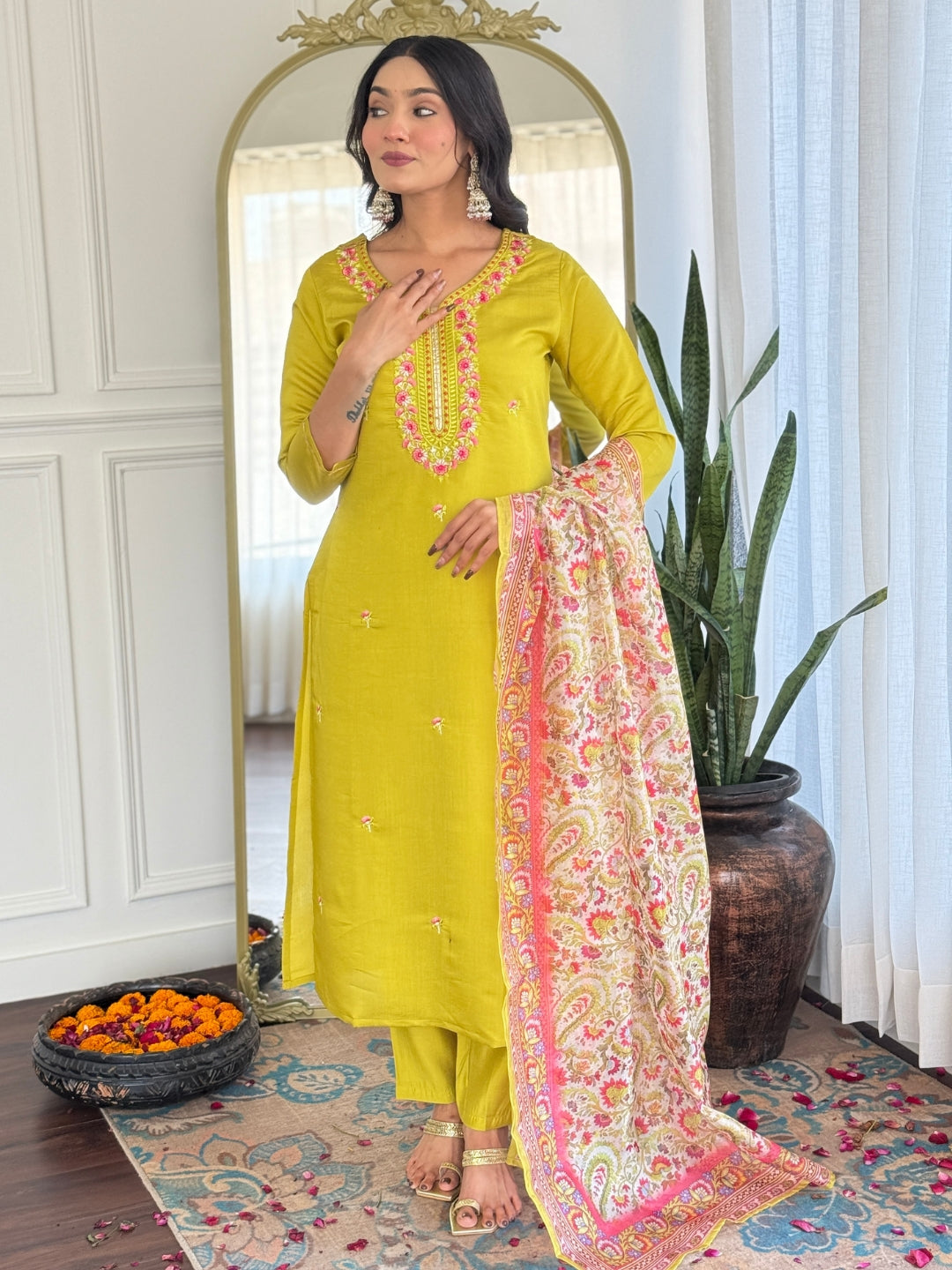 Women’s Yellow Rayon Embroidered Straight Kurta Set with Pant & Tabby Printed Dupatta