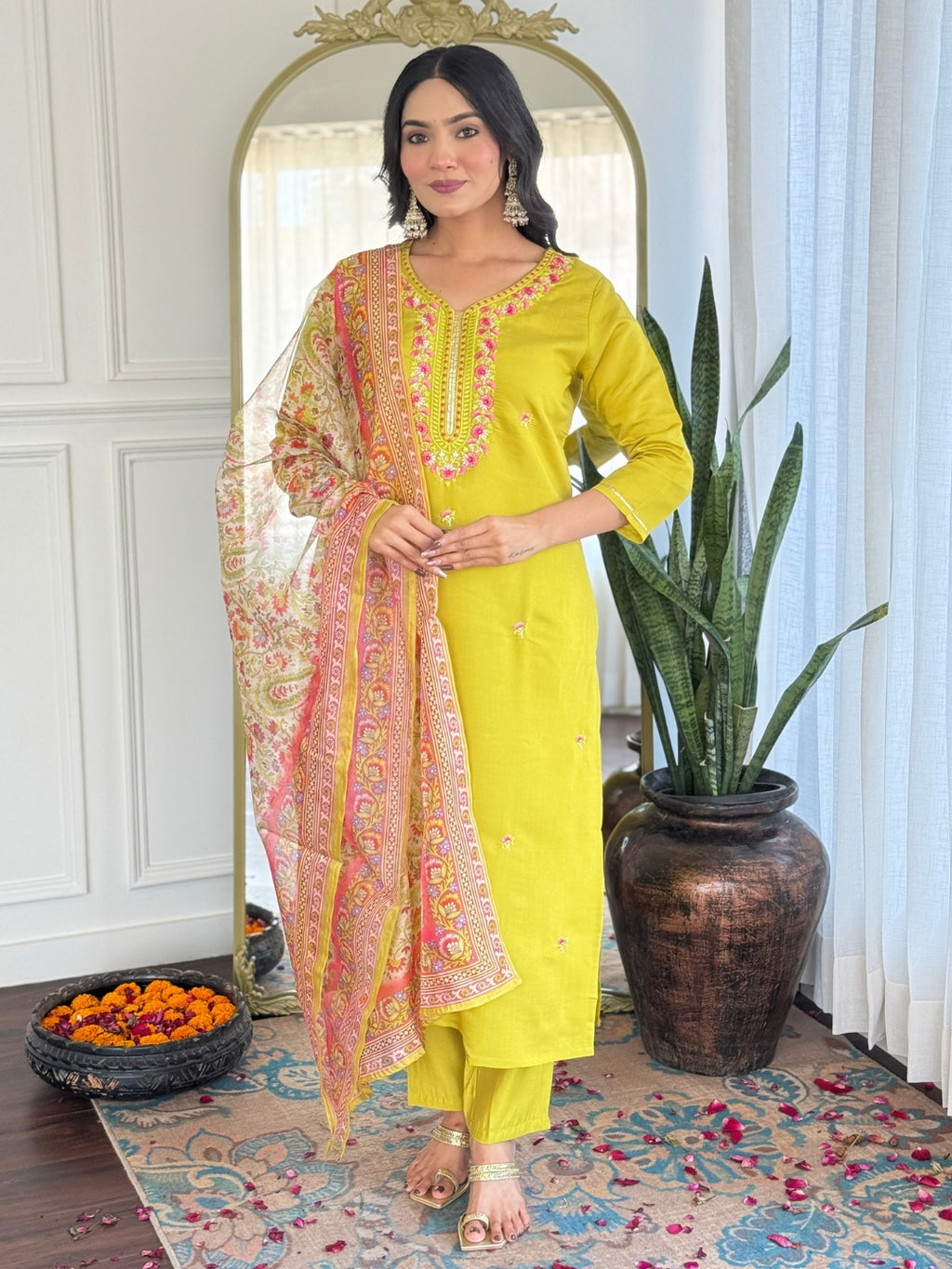 Women’s Yellow Rayon Embroidered Straight Kurta Set with Pant & Tabby Printed Dupatta