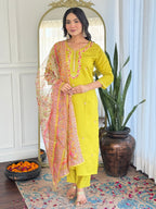 Women’s Yellow Rayon Embroidered Straight Kurta Set with Pant & Tabby Printed Dupatta