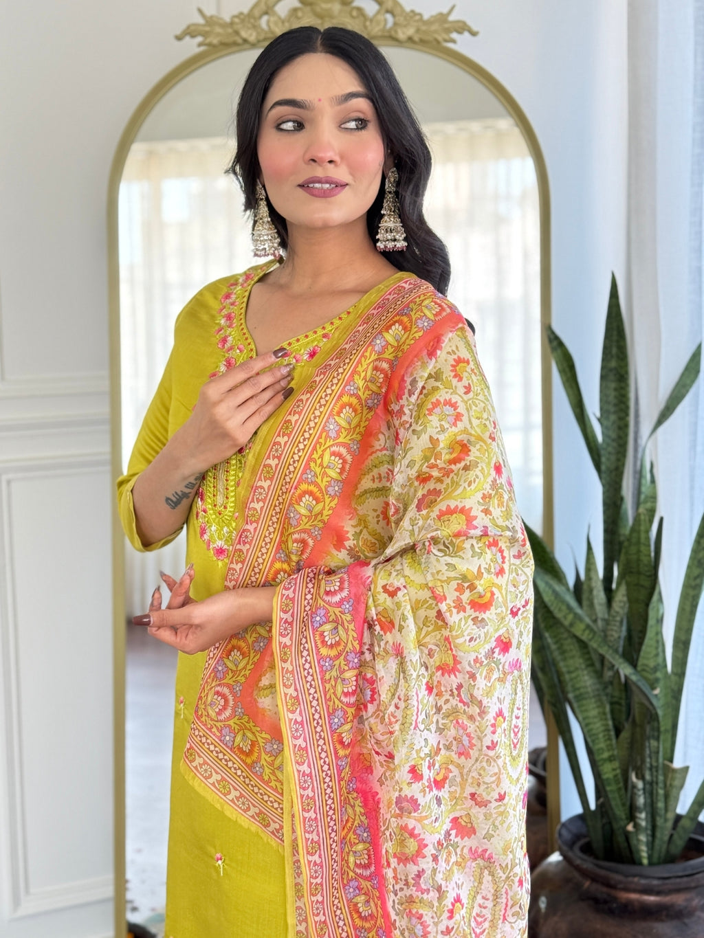 Women’s Yellow Rayon Embroidered Straight Kurta Set with Pant & Tabby Printed Dupatta