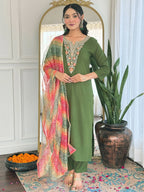 Women’s Green Rayon Embroidered Straight Kurta Set with Pant & Tabby Lace Dupatta