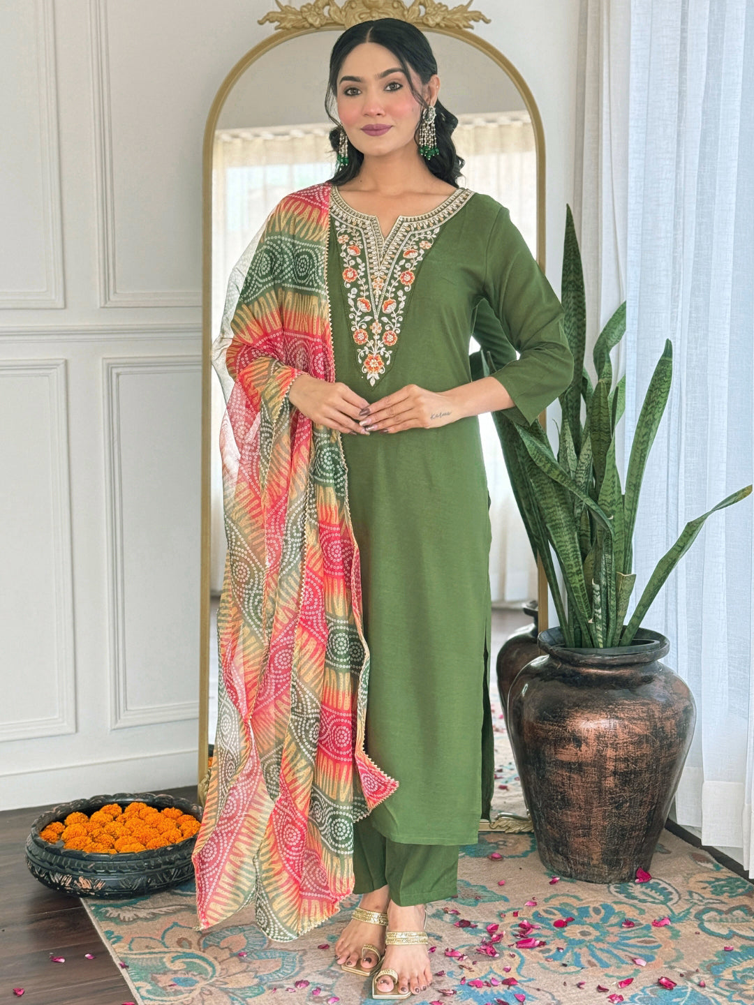 Women’s Green Rayon Embroidered Straight Kurta Set with Pant & Tabby Lace Dupatta