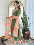 Women’s Green Rayon Embroidered Straight Kurta Set with Pant & Tabby Lace Dupatta