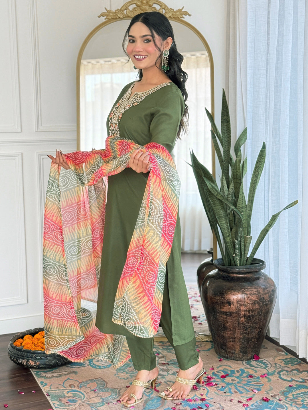 Women’s Green Rayon Embroidered Straight Kurta Set with Pant & Tabby Lace Dupatta