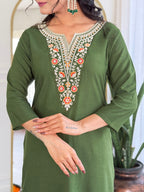 Women’s Green Rayon Embroidered Straight Kurta Set with Pant & Tabby Lace Dupatta