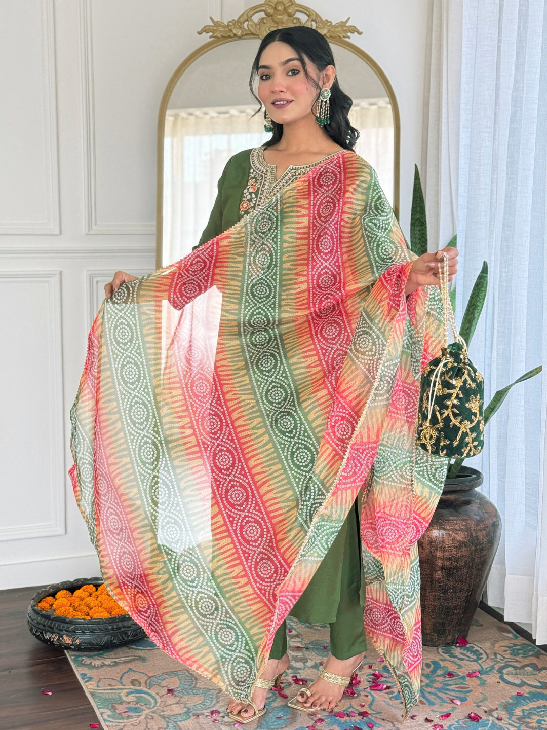 Women’s Green Rayon Embroidered Straight Kurta Set with Pant & Tabby Lace Dupatta