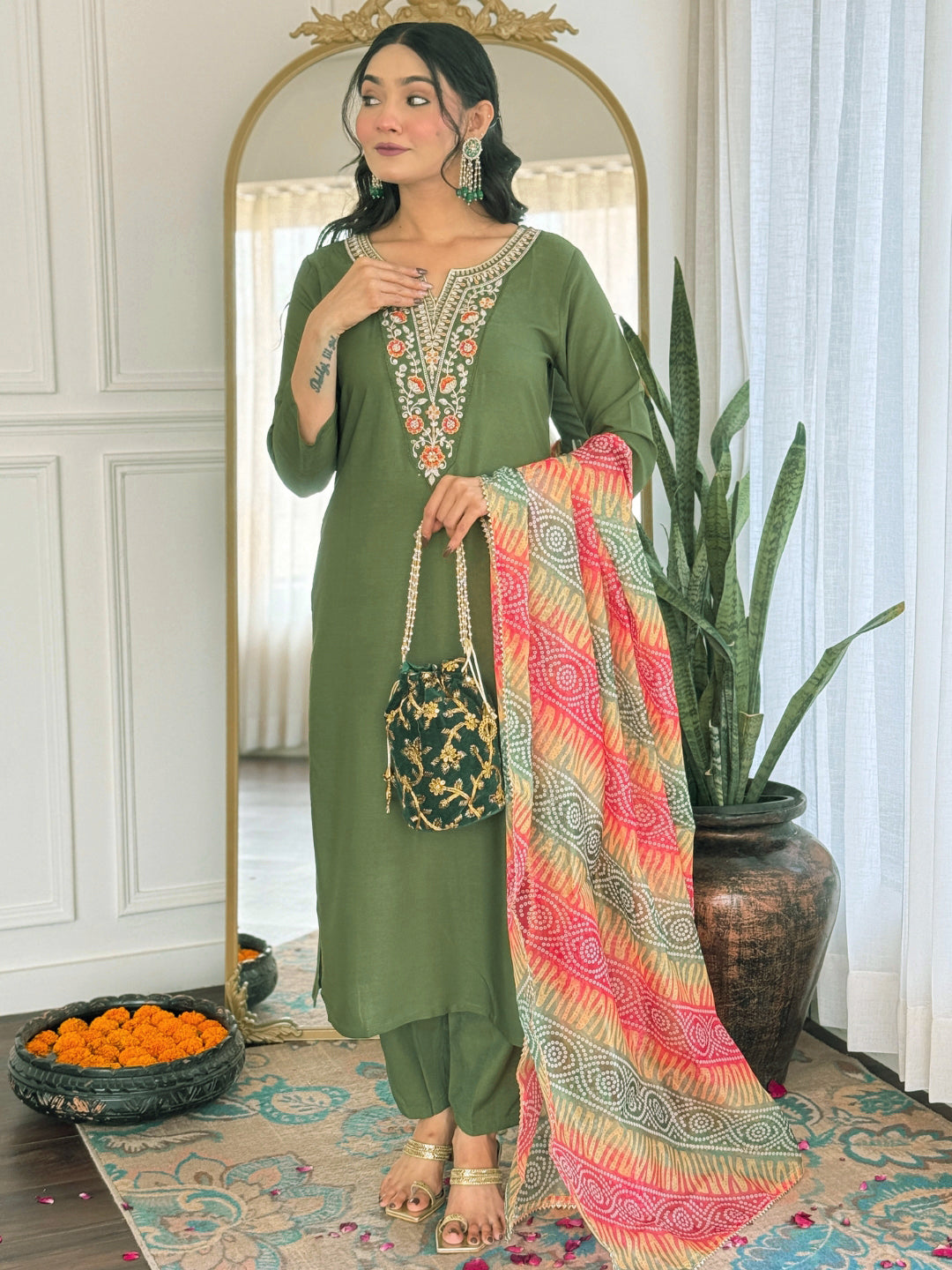 Women’s Green Rayon Embroidered Straight Kurta Set with Pant & Tabby Lace Dupatta