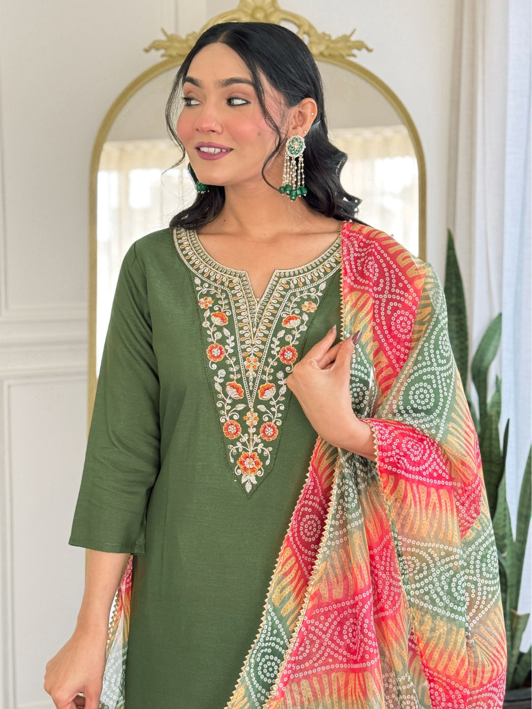 Women’s Green Rayon Embroidered Straight Kurta Set with Pant & Tabby Lace Dupatta
