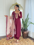 Women’s Maroon Rayon Embroidered Straight Kurta Set with Pant & Tabby Printed Dupatta