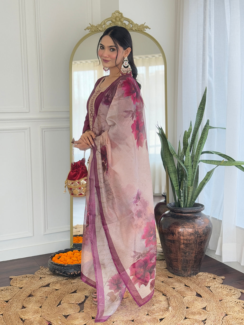 Women’s Maroon Rayon Embroidered Straight Kurta Set with Pant & Tabby Printed Dupatta