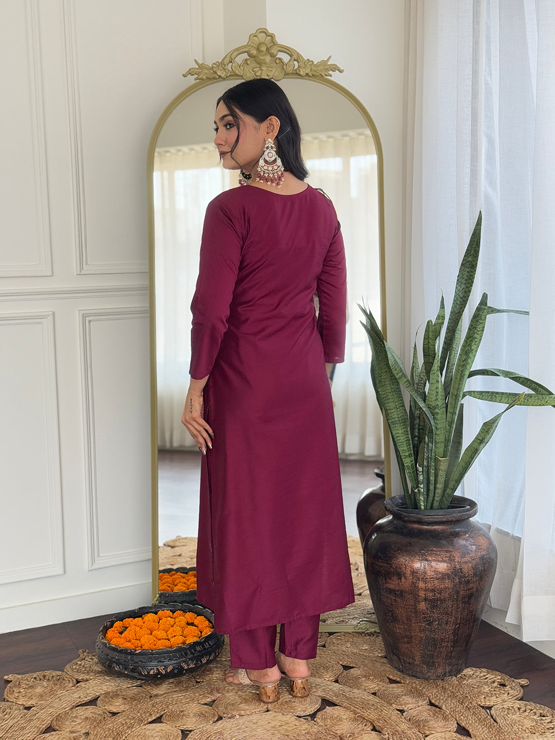 Women’s Maroon Rayon Embroidered Straight Kurta Set with Pant & Tabby Printed Dupatta