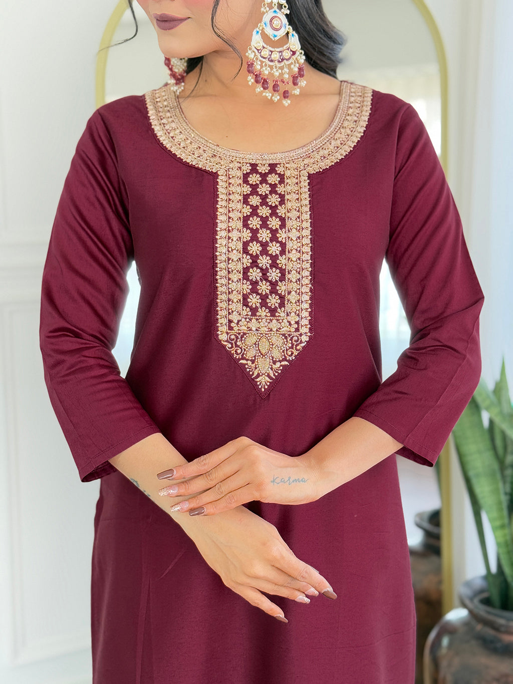 Women’s Maroon Rayon Embroidered Straight Kurta Set with Pant & Tabby Printed Dupatta