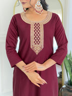 Women’s Maroon Rayon Embroidered Straight Kurta Set with Pant & Tabby Printed Dupatta