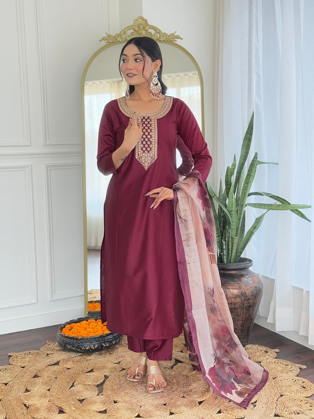 Women’s Maroon Rayon Embroidered Straight Kurta Set with Pant & Tabby Printed Dupatta