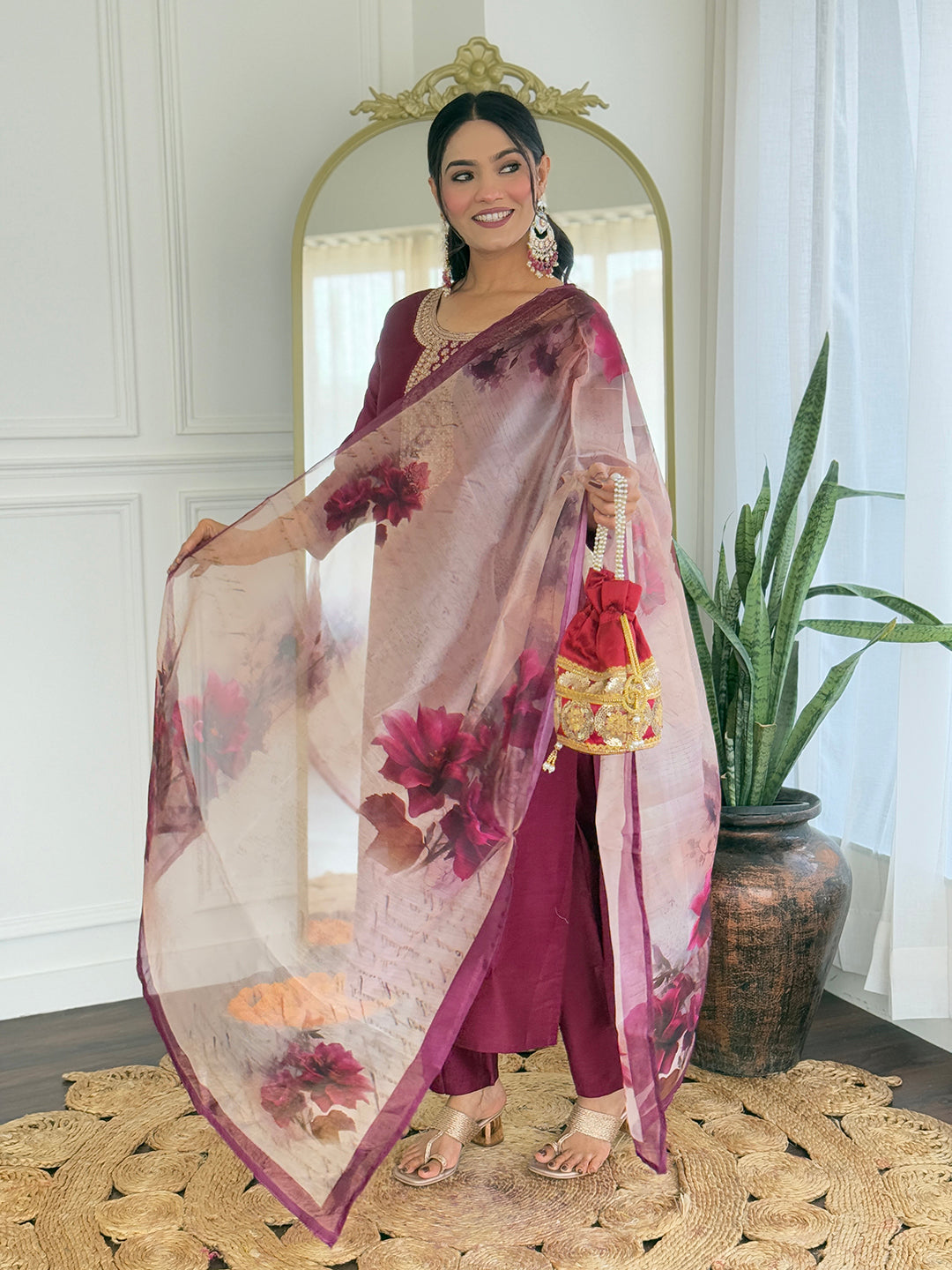Women’s Maroon Rayon Embroidered Straight Kurta Set with Pant & Tabby Printed Dupatta