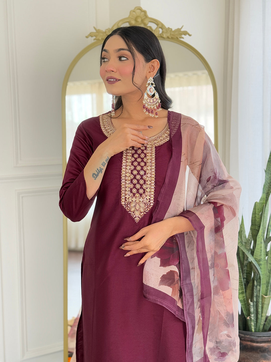 Women’s Maroon Rayon Embroidered Straight Kurta Set with Pant & Tabby Printed Dupatta