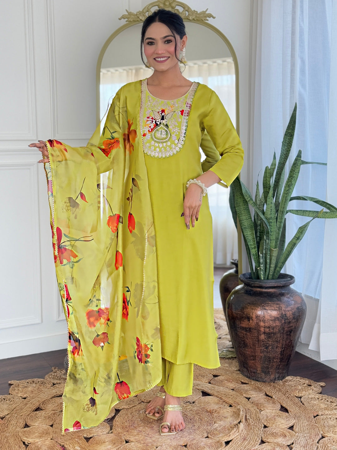Women’s Yellow Rayon Embroidered Straight Kurta Set with Pant & Tabby Printed Dupatta