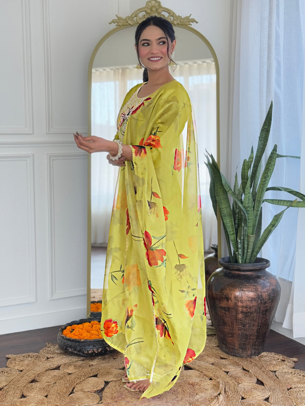Women’s Yellow Rayon Embroidered Straight Kurta Set with Pant & Tabby Printed Dupatta