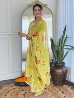 Women’s Yellow Rayon Embroidered Straight Kurta Set with Pant & Tabby Printed Dupatta
