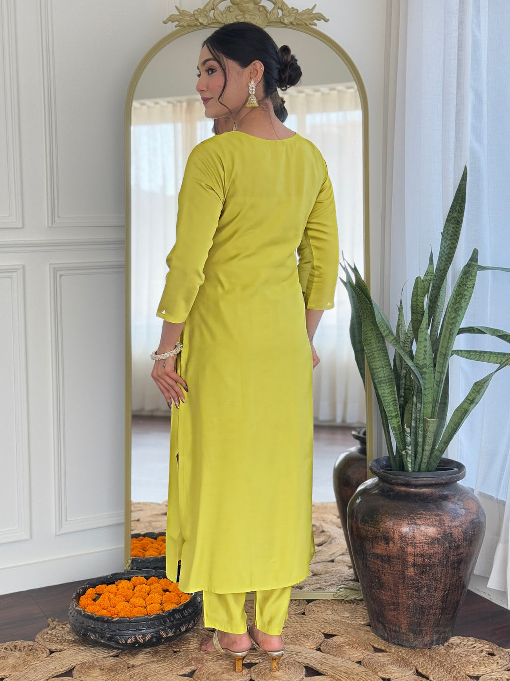 Women’s Yellow Rayon Embroidered Straight Kurta Set with Pant & Tabby Printed Dupatta