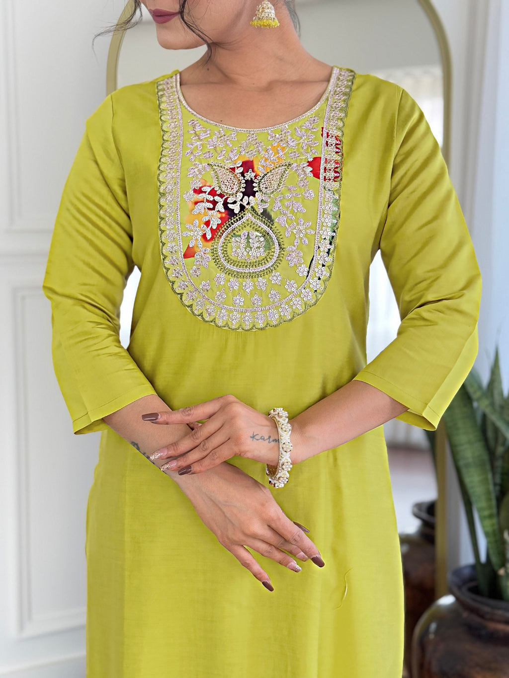 Women’s Yellow Rayon Embroidered Straight Kurta Set with Pant & Tabby Printed Dupatta