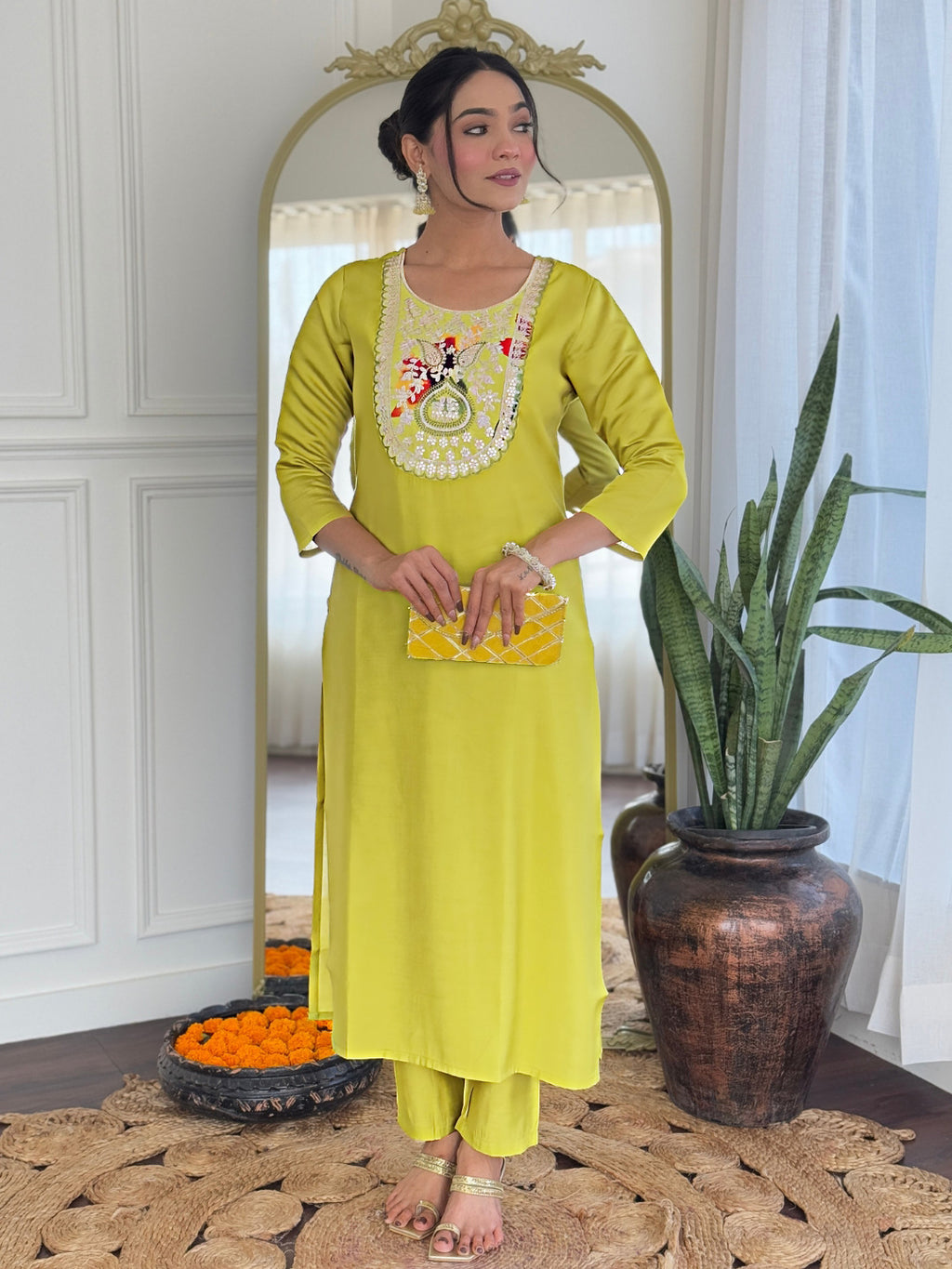 Women’s Yellow Rayon Embroidered Straight Kurta Set with Pant & Tabby Printed Dupatta