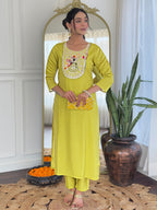 Women’s Yellow Rayon Embroidered Straight Kurta Set with Pant & Tabby Printed Dupatta