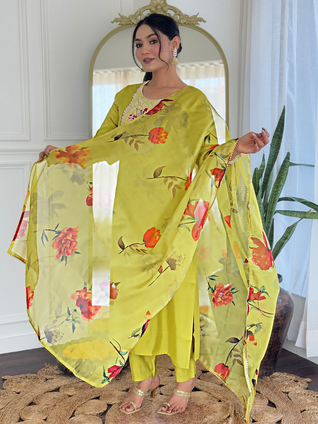 Women’s Yellow Rayon Embroidered Straight Kurta Set with Pant & Tabby Printed Dupatta