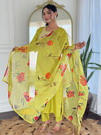 Women’s Yellow Rayon Embroidered Straight Kurta Set with Pant & Tabby Printed Dupatta