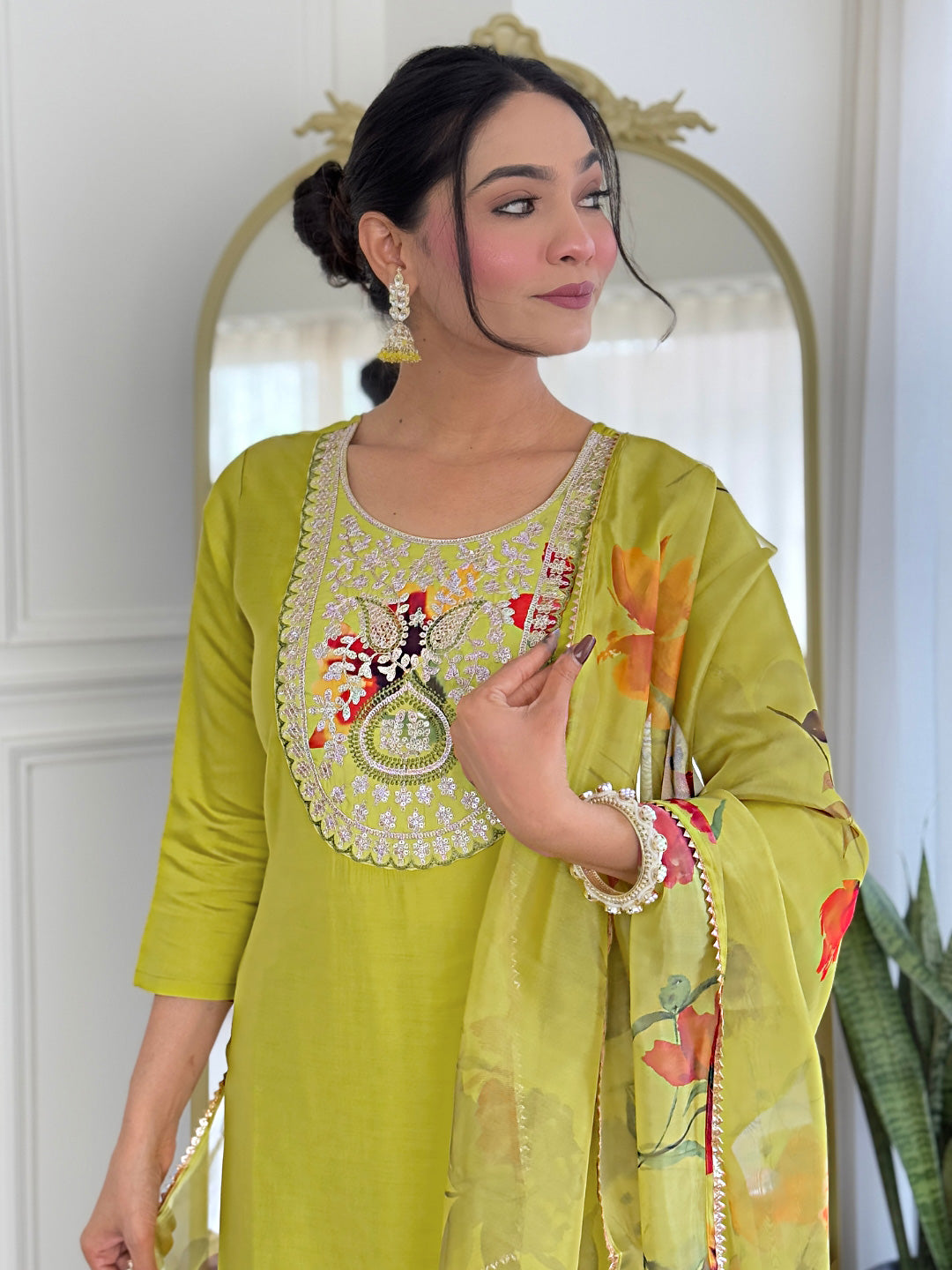 Women’s Yellow Rayon Embroidered Straight Kurta Set with Pant & Tabby Printed Dupatta