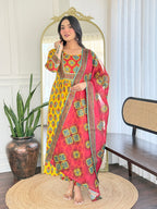 Women’s Yellow Rayon Printed Flared Kurta Set with Pant & Linen Printed Dupatta