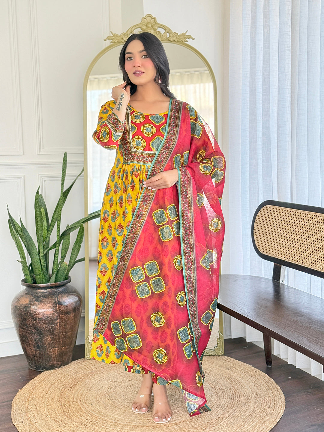 Women’s Yellow Rayon Printed Flared Kurta Set with Pant & Linen Printed Dupatta