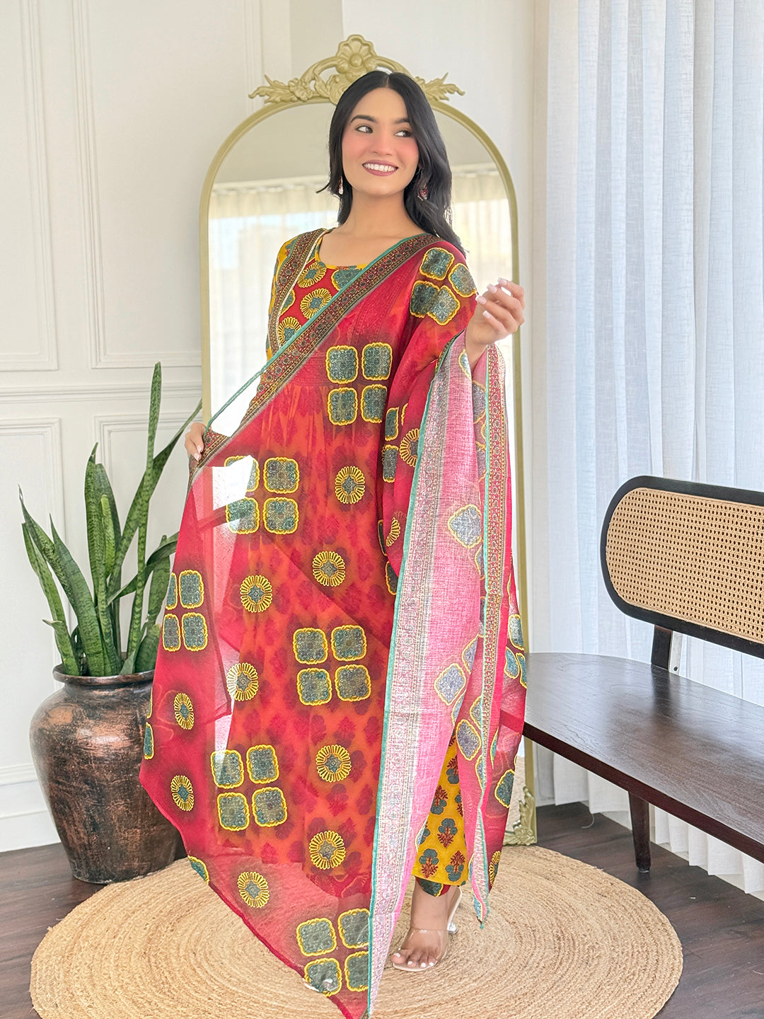 Women’s Yellow Rayon Printed Flared Kurta Set with Pant & Linen Printed Dupatta