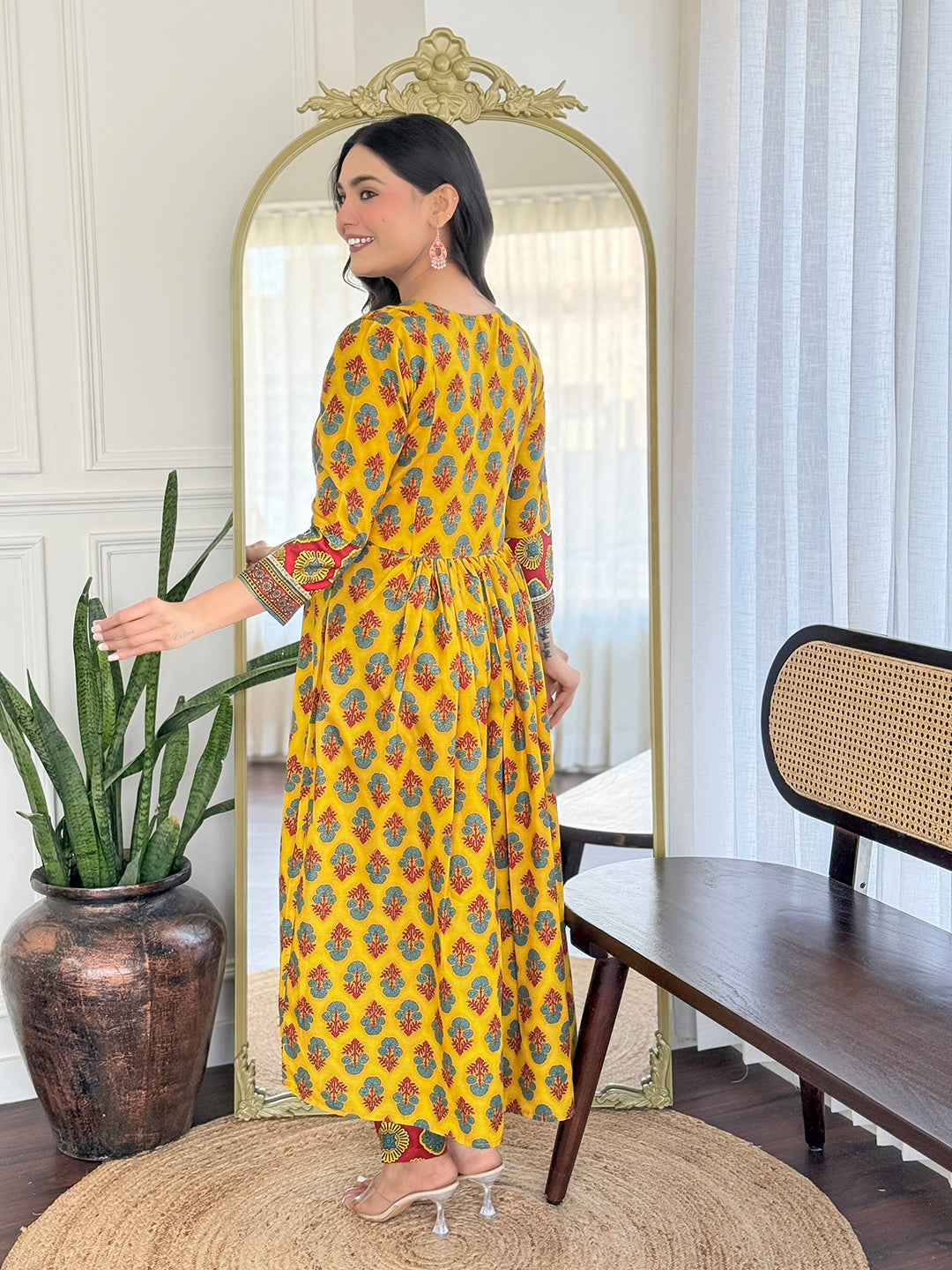 Women’s Yellow Rayon Printed Flared Kurta Set with Pant & Linen Printed Dupatta