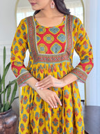 Women’s Yellow Rayon Printed Flared Kurta Set with Pant & Linen Printed Dupatta
